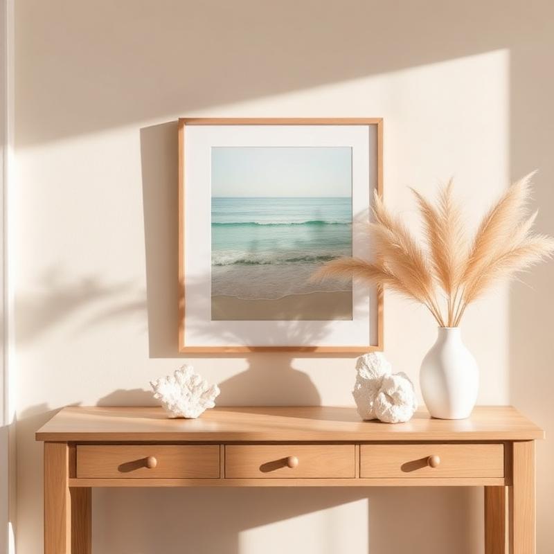 Framed beach photograph on console
