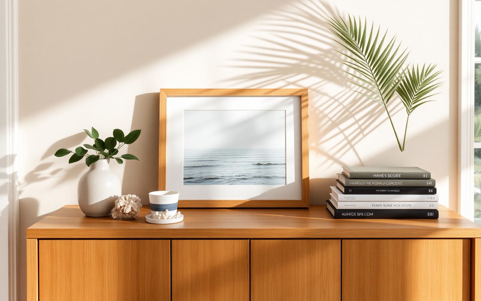 Framed coastal artwork on styled sideboard